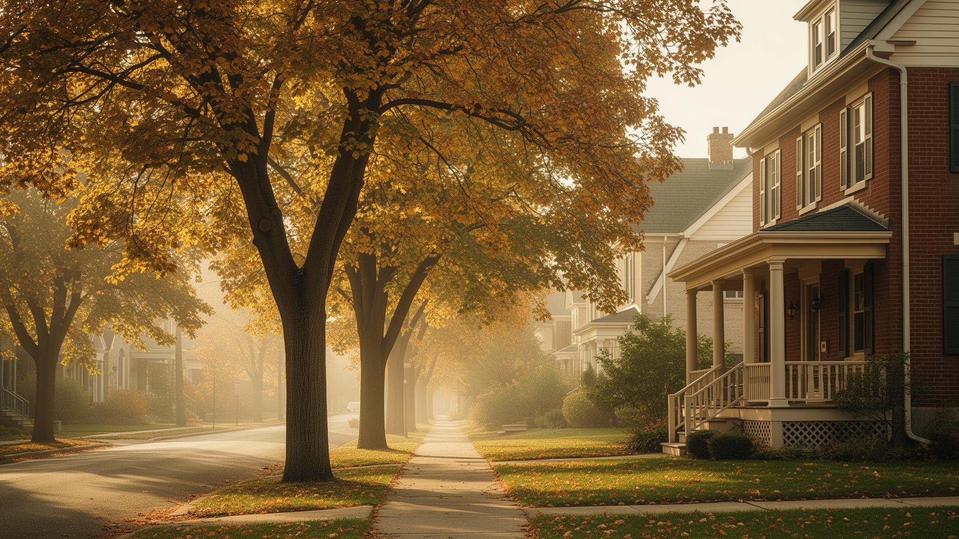 A quiet Ottawa residential street in autumn, lined with mature trees and brick homes.